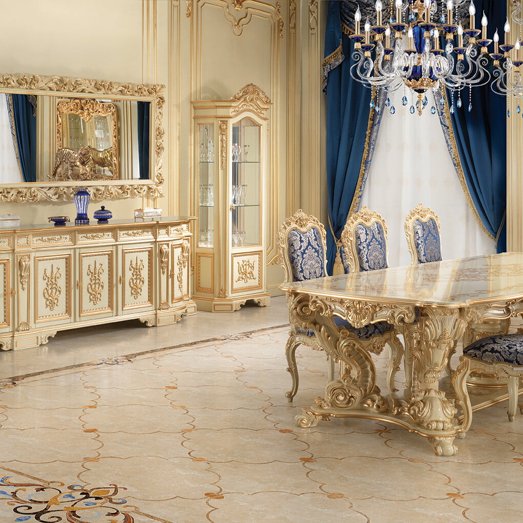 Classic dining room with blue damask chairs made in Italy by top designers, blending elegance and style.