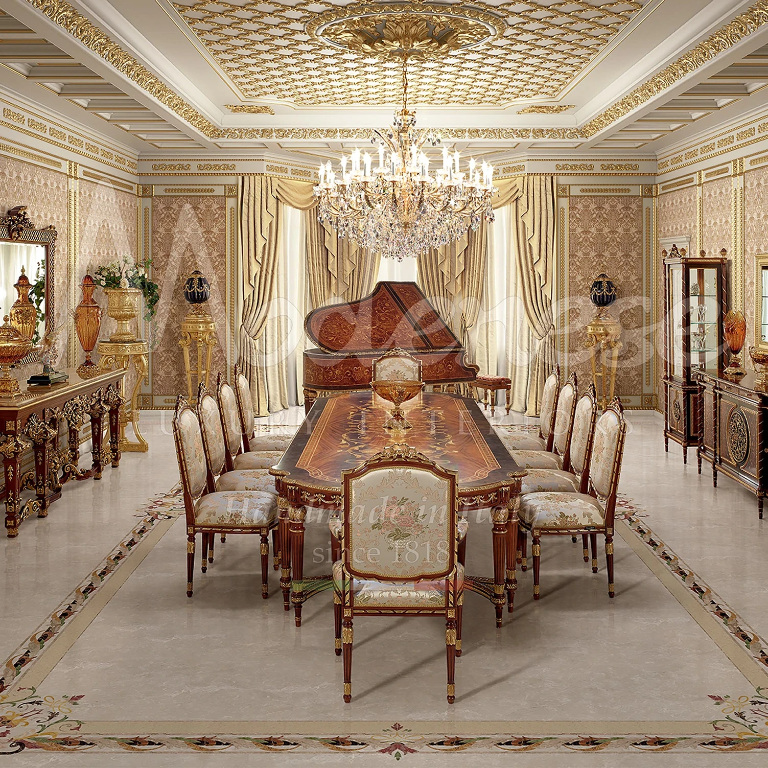 Dubai villa luxury dining room project by designers at Modenese Luxury Interiors: Classic design meets opulent living.