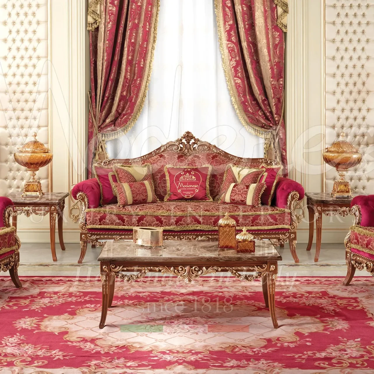 Modenese luxury furniture collection tailored for royal classic palaces, showing traditional Italian craftsmanship.