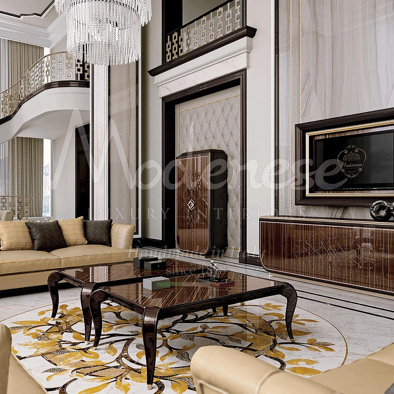 Extravagant modern living room design and stylish furniture created by interior design studio Modenese Luxury Interiors.