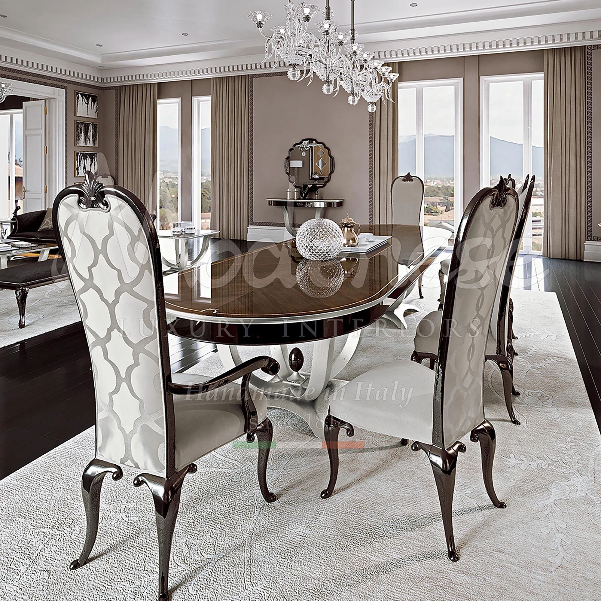 This exquisite set combines traditional Italian woodworking techniques with modern aesthetics, created by Modenese.