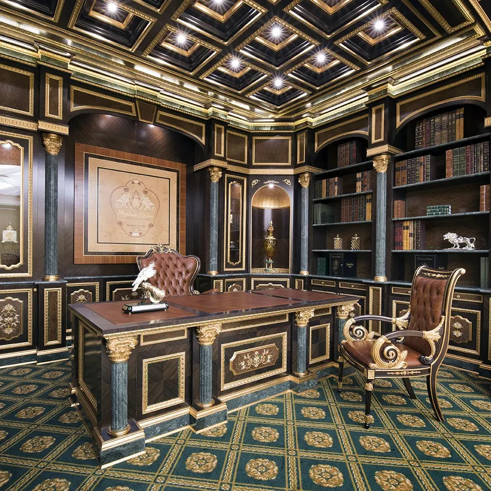 I saloni milan office showcase by modenese with wooden ceiling and library and green marble
