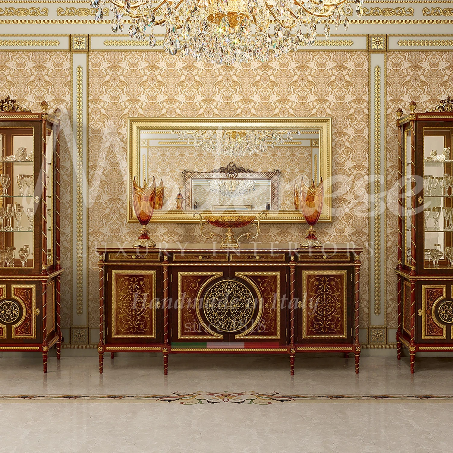 Handcrafted Italian inlaid wood cabinets and credenza made in Italy add grandeur to Dubai villas created by Italian designers