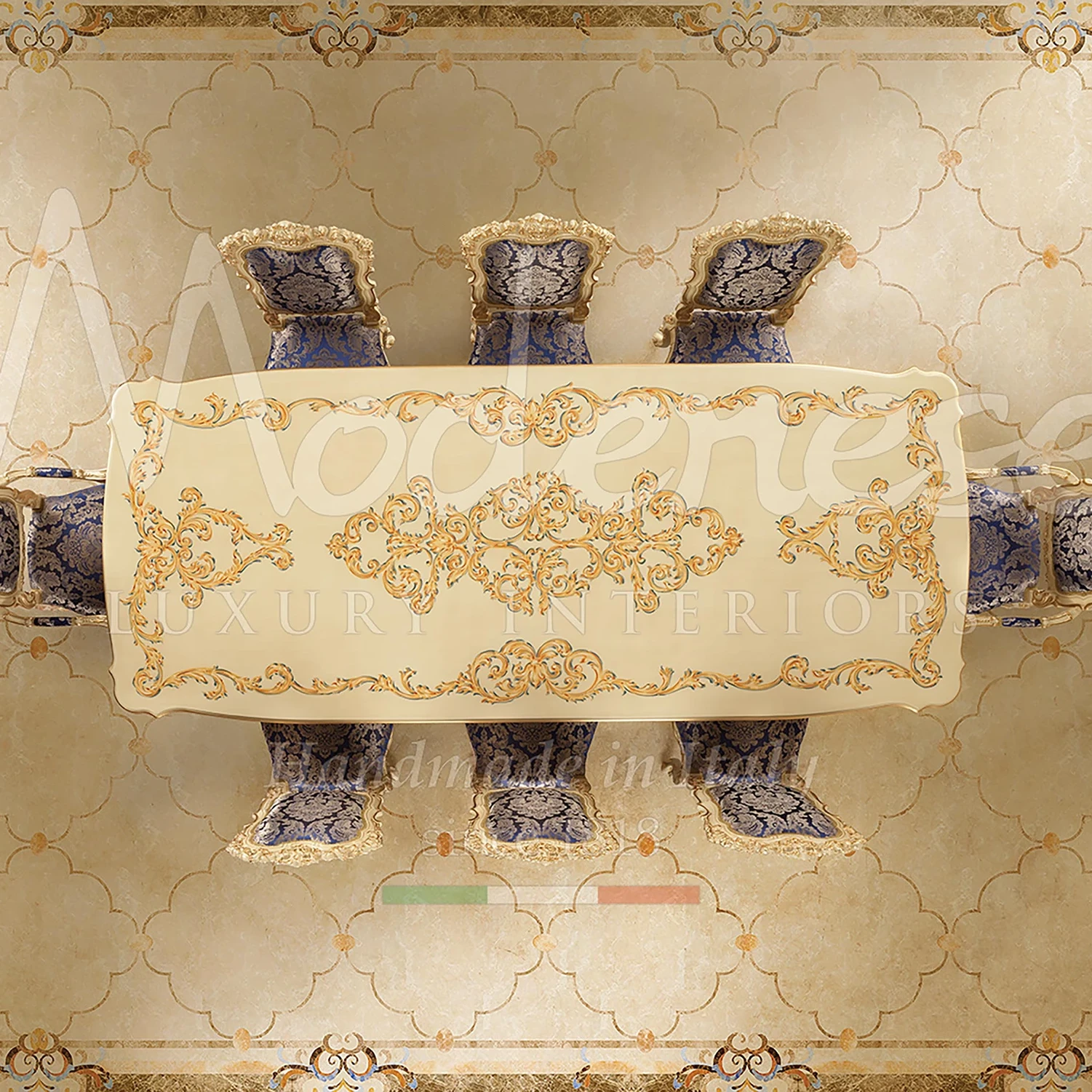 Classical bespoke furniture with gold decoration on the tabletop, embodying refined elegance for villa in Kuwait