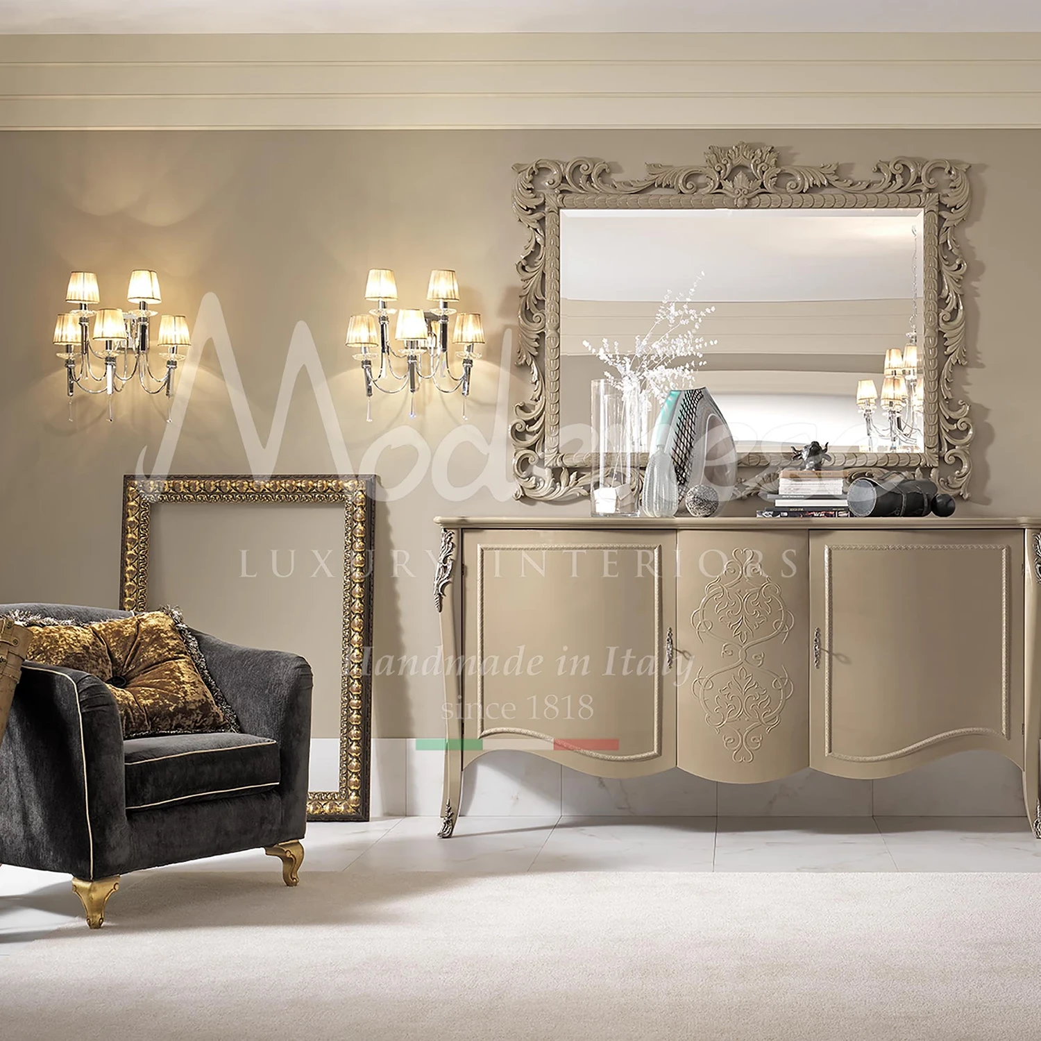 An elegant credenza with an armchair that beautifully marries classic design elements with contemporary style made by Modenese