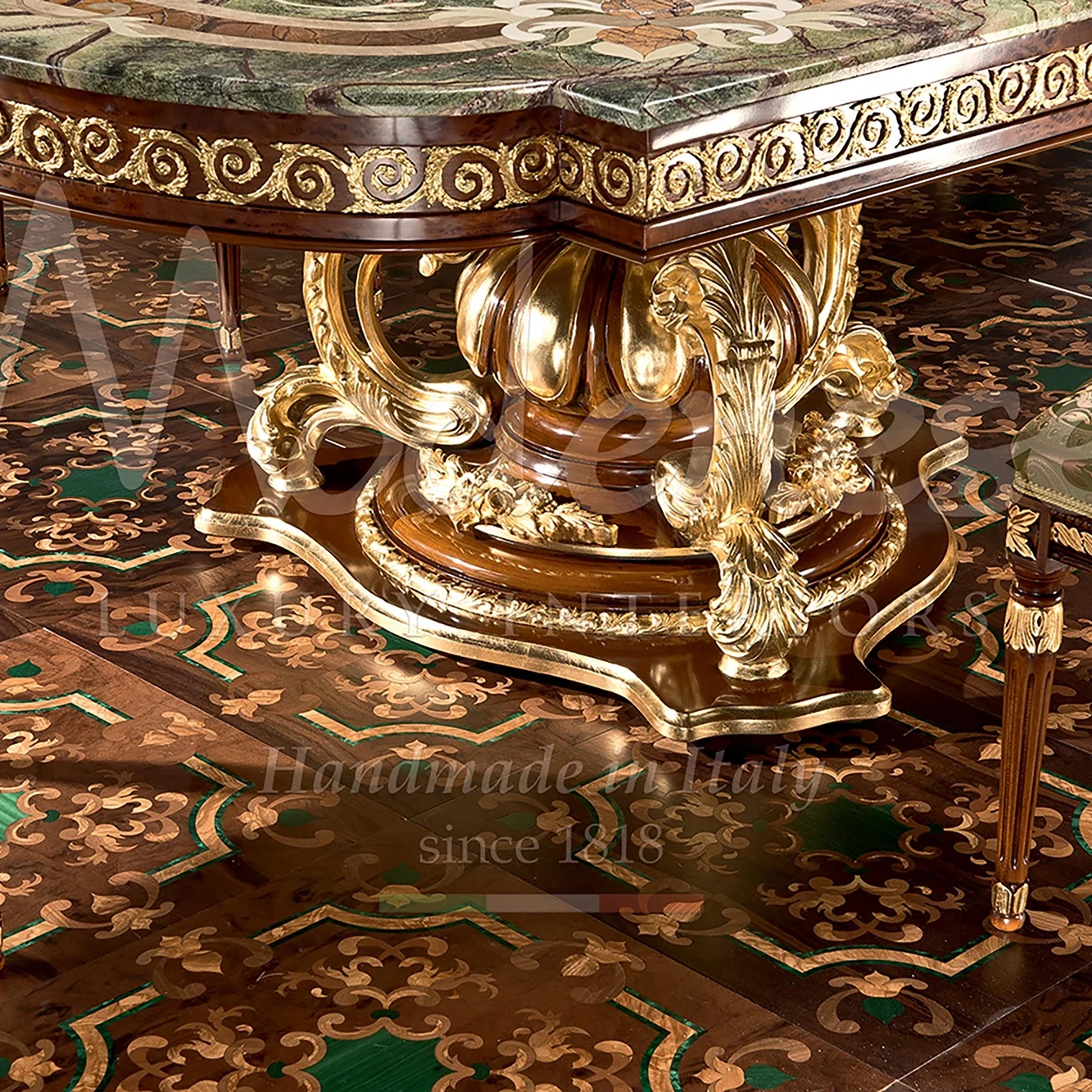 Exquisite Italian Craftsmanship: Hand-Carved Solid Wood Furniture Embellished with 24K Gold Leaf for Timeless Elegance.