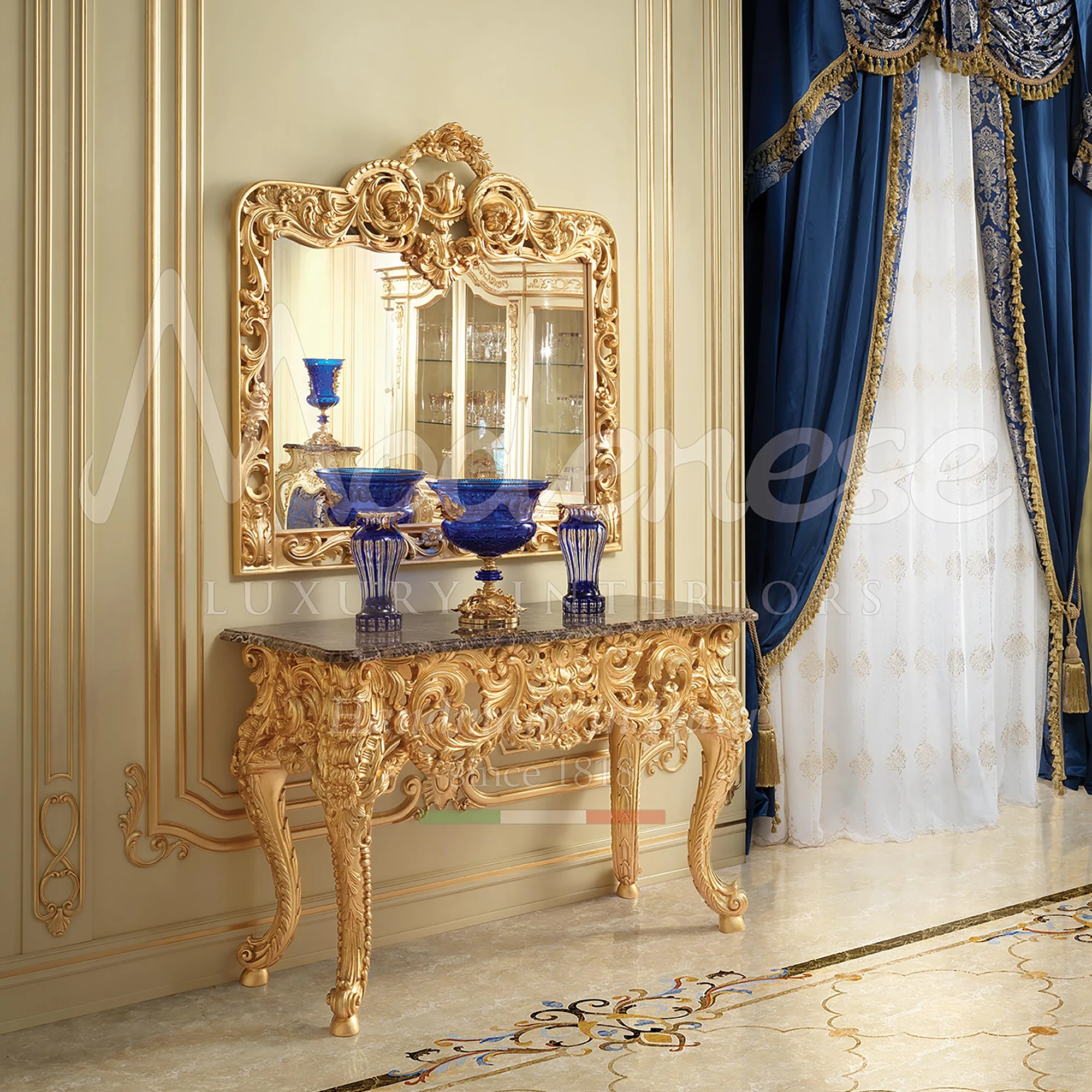 Handmade in Italy, gold leaf console and mirror set exudes unmatched elegance and luxury created for classic villa.