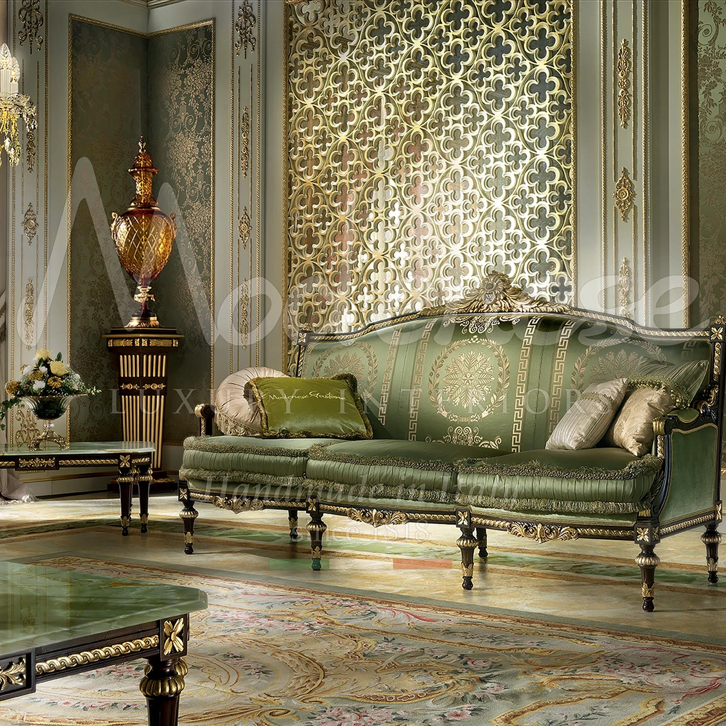 Modenese sofa set with green marble details embodies sophistication and comfort for house design in Los Angeles