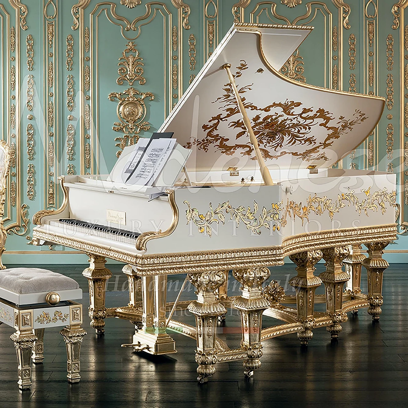 Classic design grand piano, handmade in Italy, embodies timeless elegance and superior craftsmanship created for villa in Kuwait