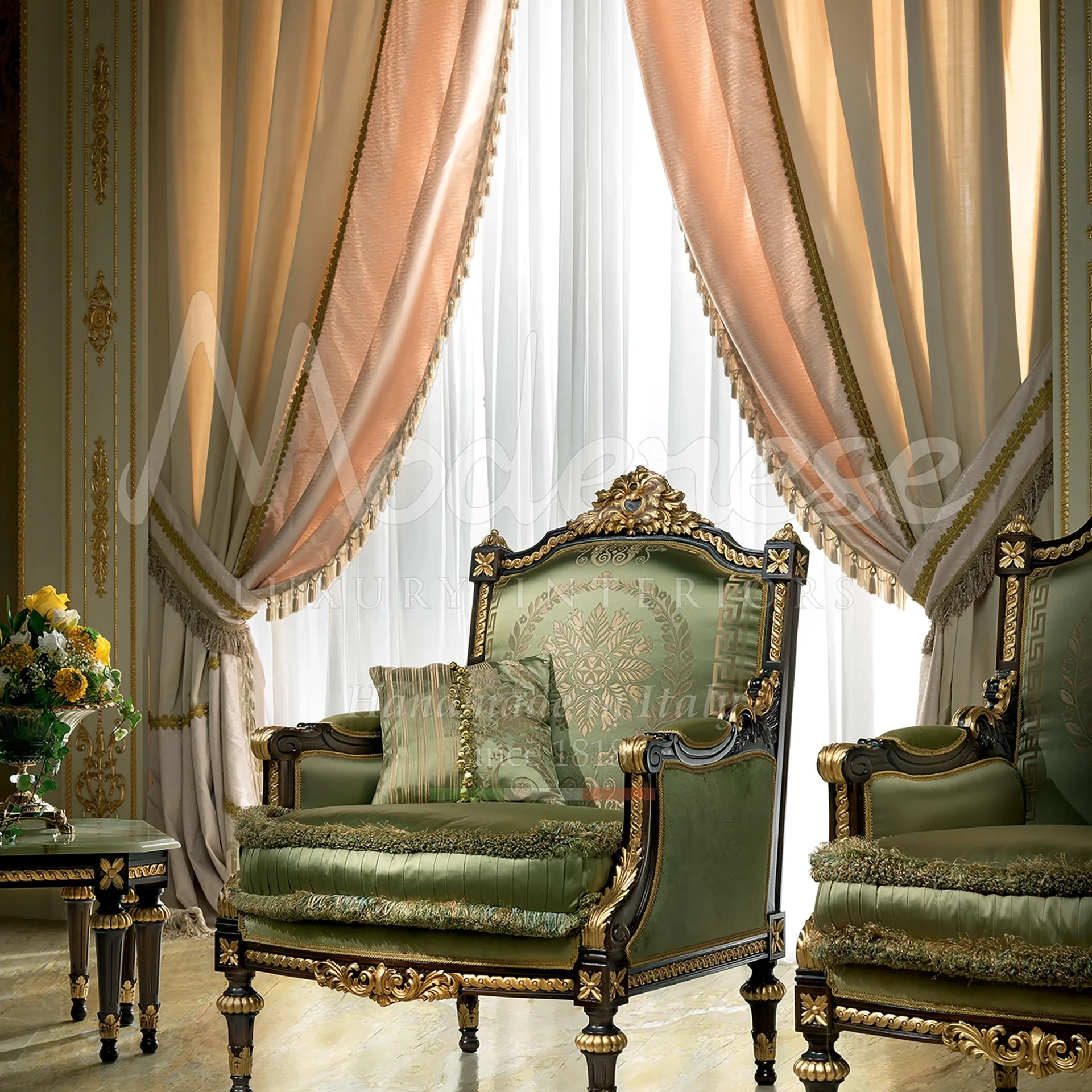 Imperial carved classic armchair, crafted in Italy with fine wood and luxurious fabrics for villa in LA, exudes elegance.