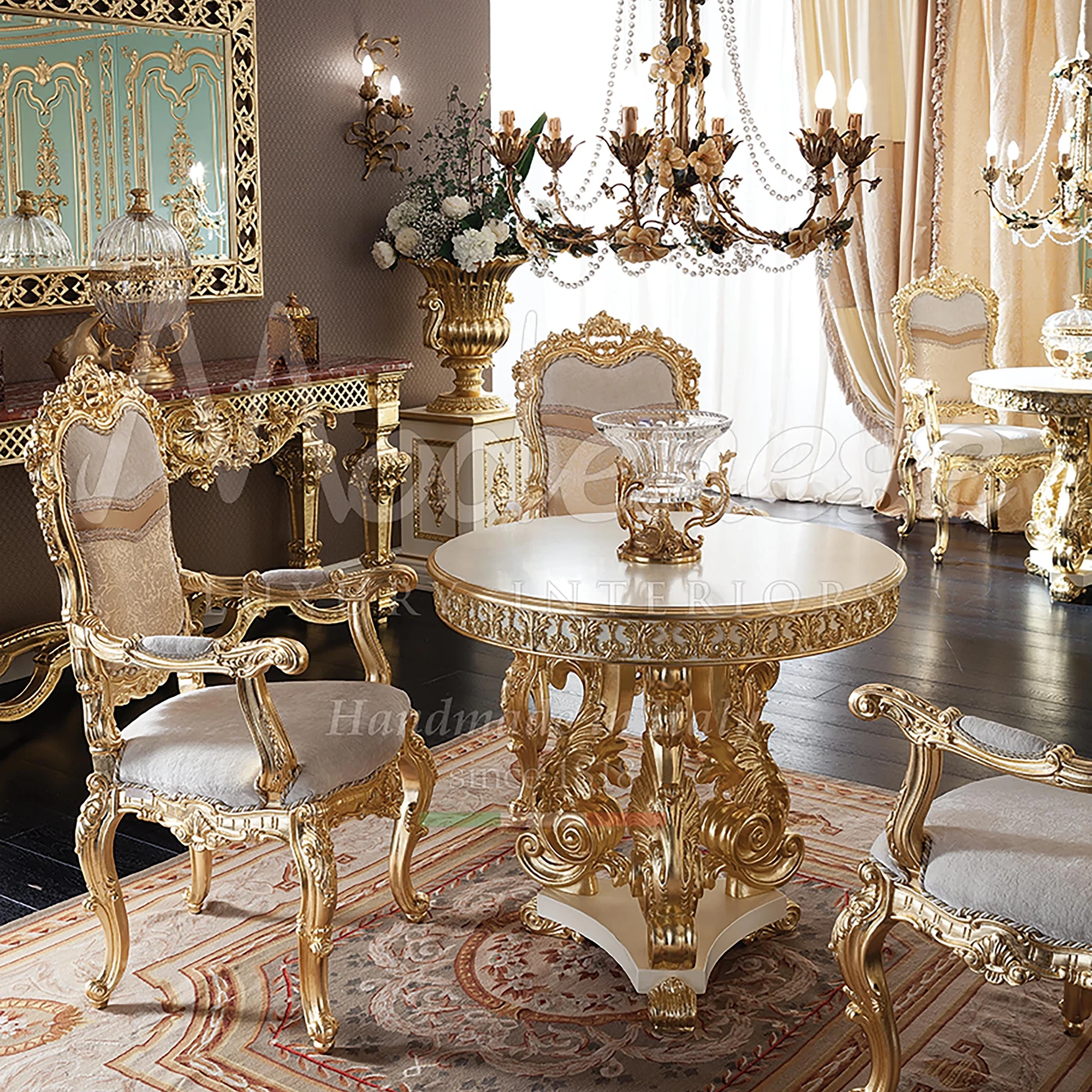 Gilded table with baroque carvings: A masterpiece for the dining area, merging art with furniture handmade in Italy