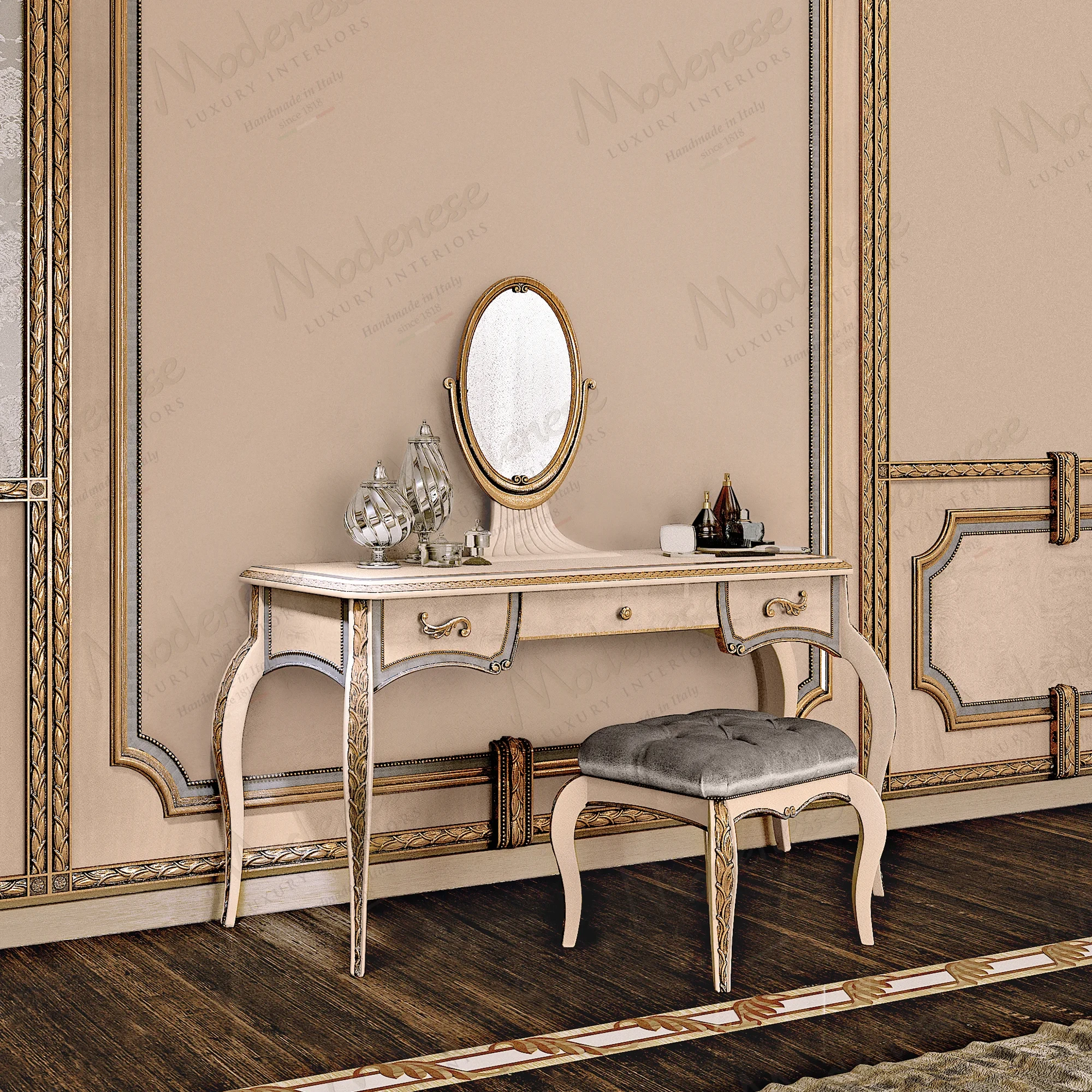 Classic dressing area in Sierra Leone with a cream and gold vanity table, an oval mirror, carved legs, and a plush stool on polished wood flooring with decorative wall molding